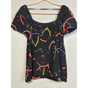 PRADA Colorful Blac Confetti‎ Print Silk Short Sleeve Blouse Top Made In Italy